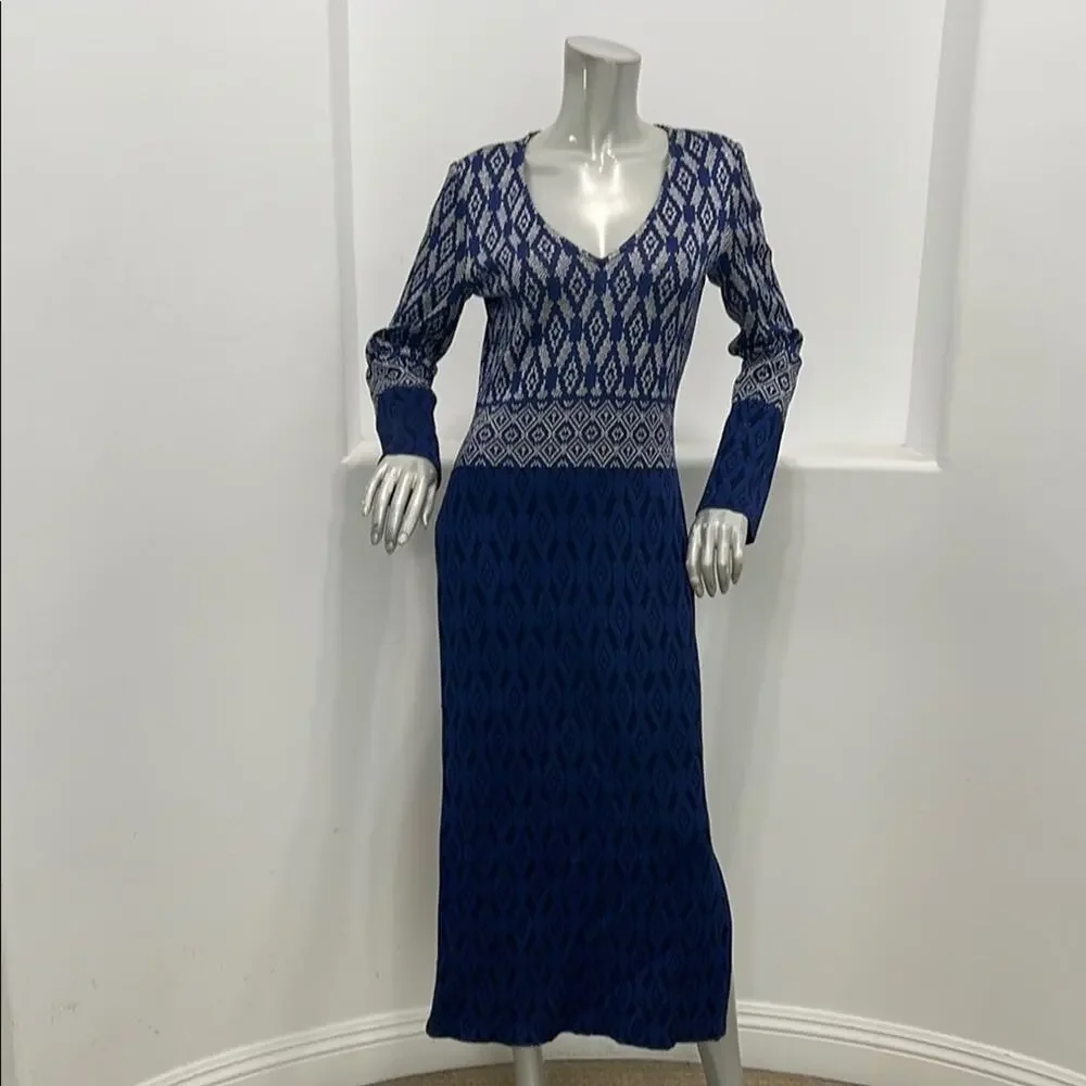 St. John Evening Diamond Jacquard Knit Maxi Dress Navy Blue Silver Long Sleeve 4 - Picture 5 of 14